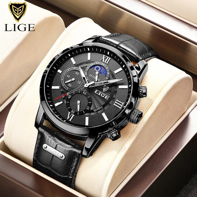 Relógio-LIGE de quartzo de couro de luxo masculino com caixa, impermeável e casual.