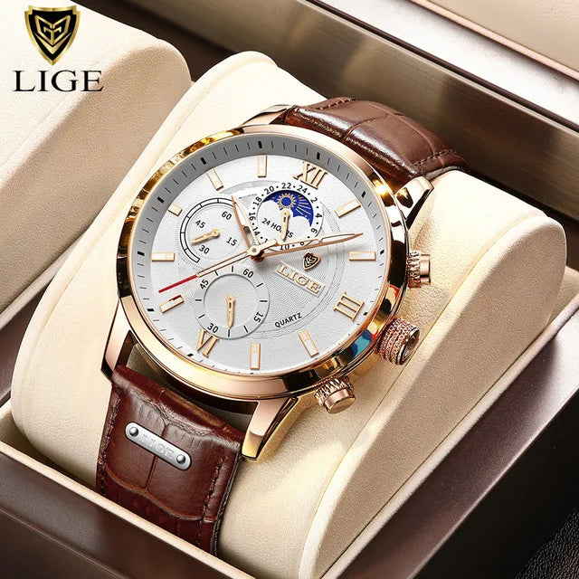 Relógio-LIGE de quartzo de couro de luxo masculino com caixa, impermeável e casual.